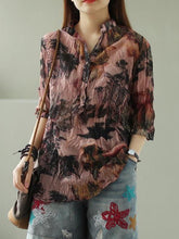 Vintage Floral Three-Quarter Sleeve Stand Collar Shirt